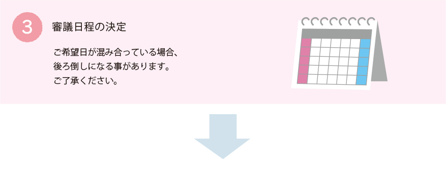 審議日程の決定：ご希望日が混み合っている場合、後ろ倒しになる事があります。ご了承ください。